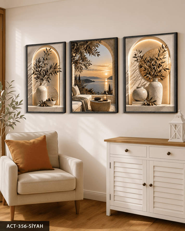 Deniz Manzarası ve Zeytin 3 Parça Ahşap Çerçeveli Tablo ACT Kahverengi - 30 x 40 CM