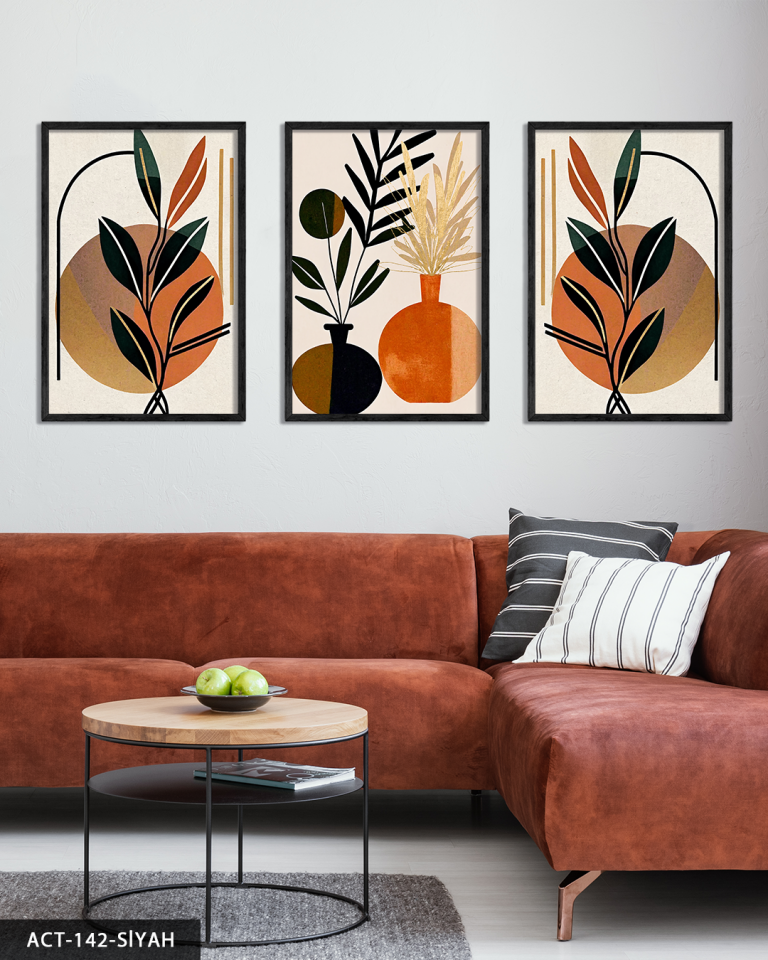 Boho Tarzında Vazoda Yapraklar 3 Parça Ahşap Çerçeveli Tablo ACT Siyah - 30 x 40 CM