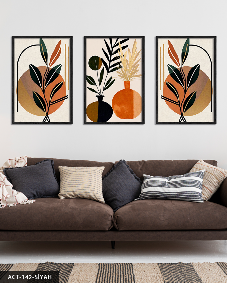 Boho Tarzında Vazoda Yapraklar 3 Parça Ahşap Çerçeveli Tablo ACT Siyah - 30 x 40 CM