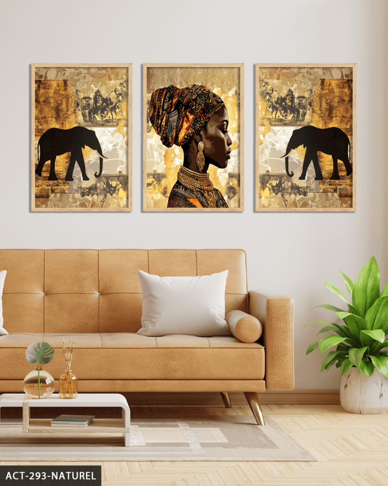 Afrikalı Kadın ve Fil 3 Parça Ahşap Çerçeveli Tablo ACT Naturel - 30 x 40 CM
