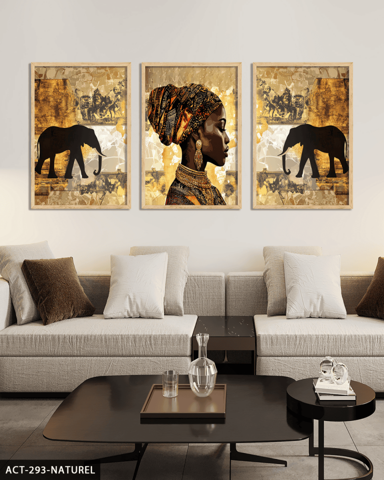 Afrikalı Kadın ve Fil 3 Parça Ahşap Çerçeveli Tablo ACT Naturel - 30 x 40 CM