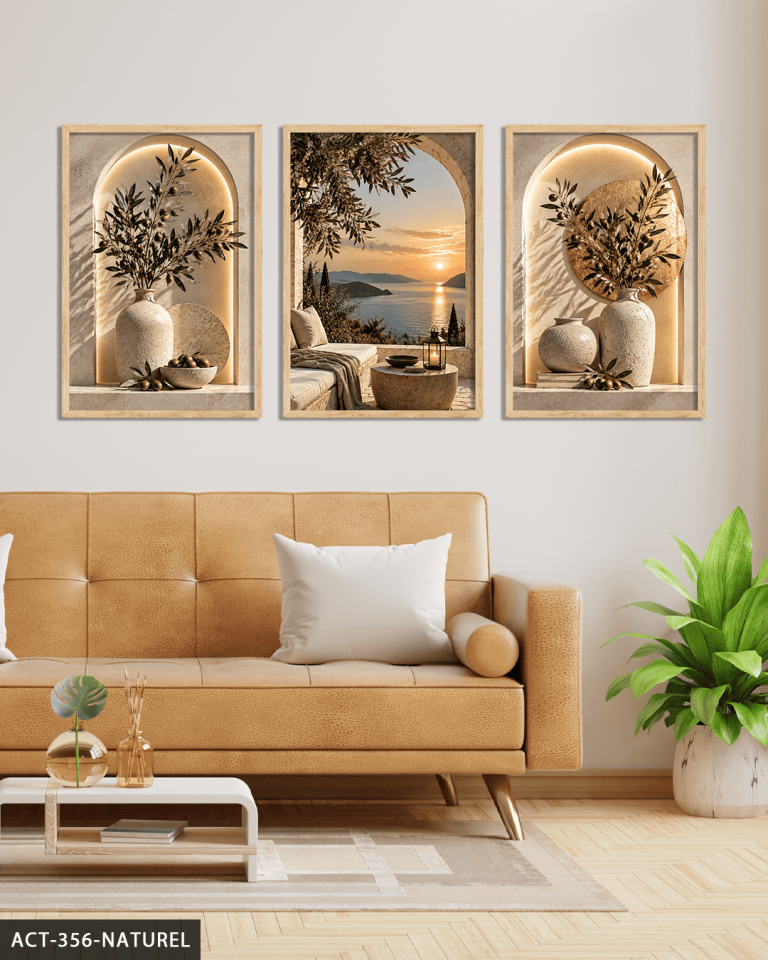 Deniz Manzarası ve Zeytin 3 Parça Ahşap Çerçeveli Tablo ACT Naturel - 30 x 40 CM