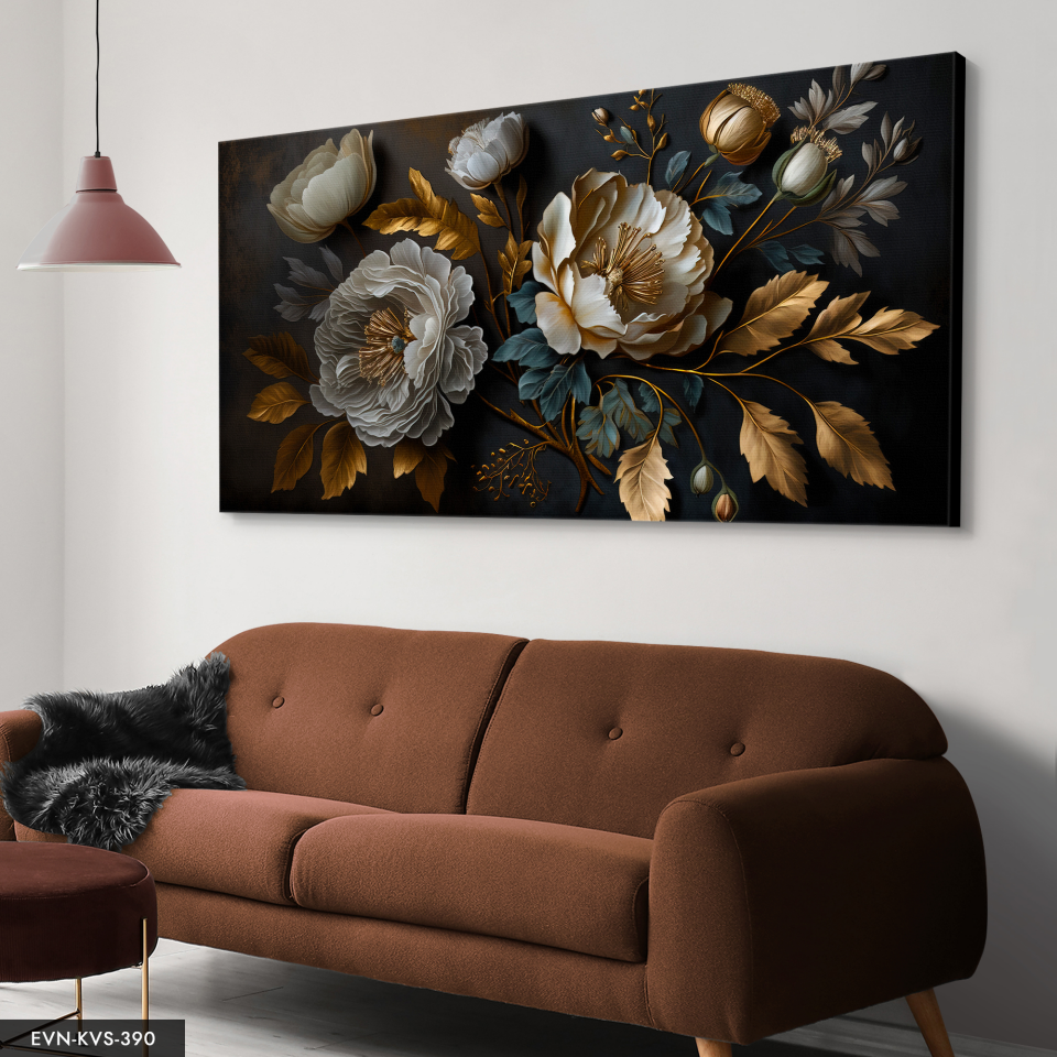 Çiçek Gold Dallar Tek Parça Kanvas - Canvas Tablo 140 x 90 CM - Çok Renkli