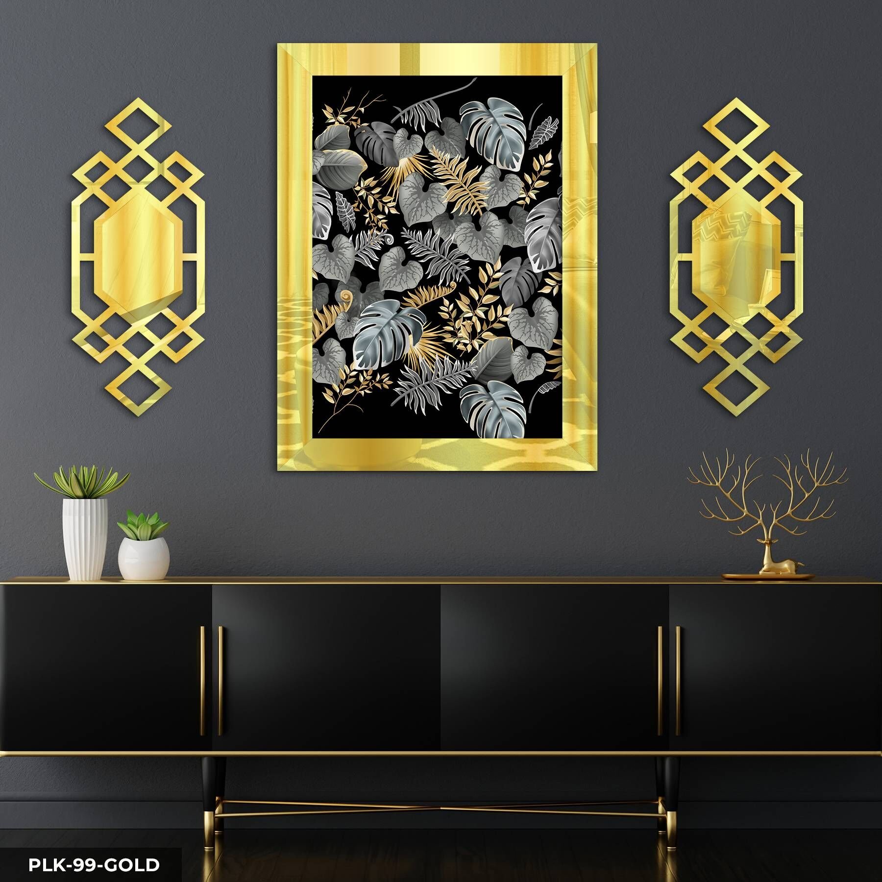 Gold Gümüş Yapraklar Yan Dekorlu 3 Parça Pleksi Tablo DKRPLK Gold - 110 x 80 CM