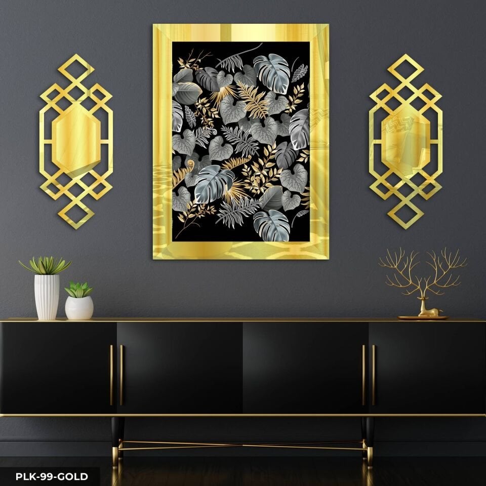 Gold Gümüş Yapraklar Yan Dekorlu 3 Parça Pleksi Tablo DKRPLK Gold - 110 x 80 CM