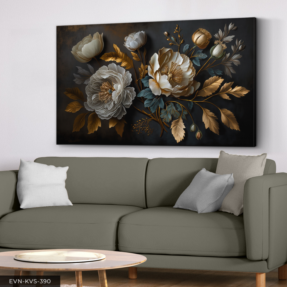 Çiçek Gold Dallar Tek Parça Kanvas - Canvas Tablo 140 x 90 CM - Çok Renkli