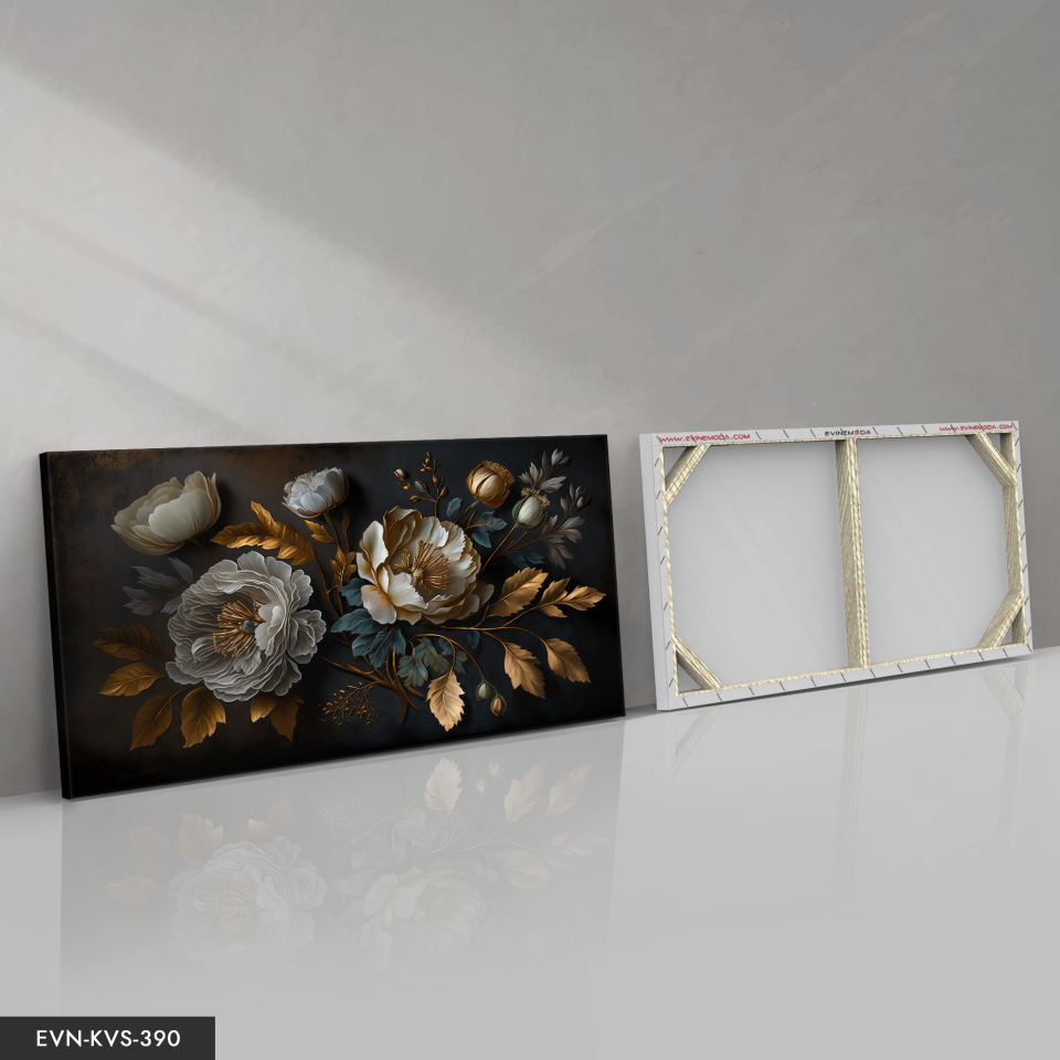 Çiçek Gold Dallar Tek Parça Kanvas - Canvas Tablo 140 x 90 CM - Çok Renkli