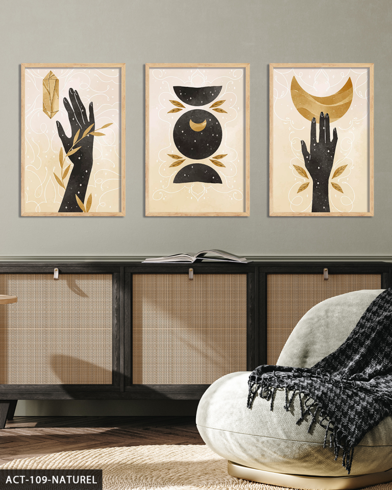 Sulu Boya Görünümlü Boho Tarz 3 Parça Ahşap Çerçeveli Tablo ACT Naturel - 20 x 30 CM