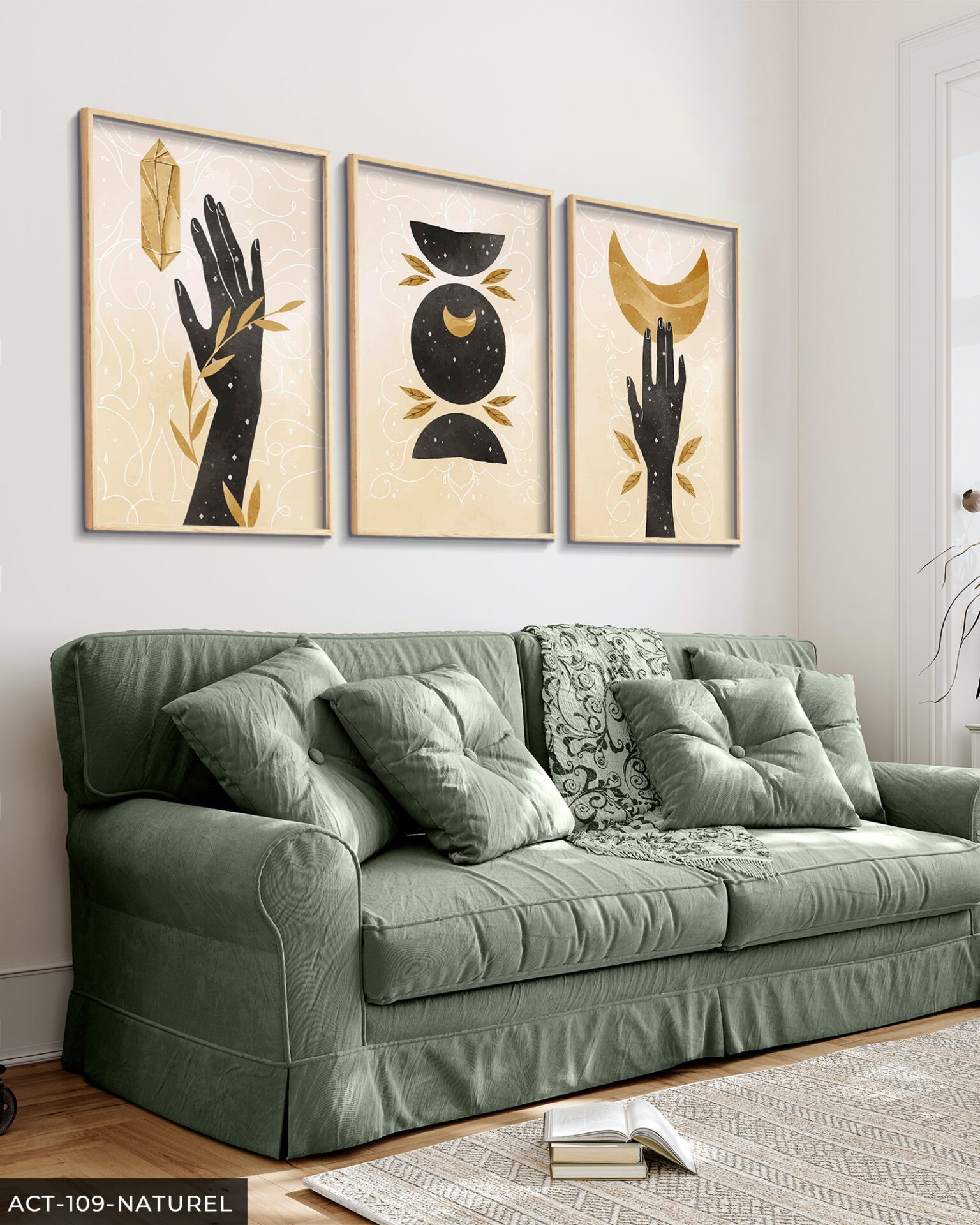 Sulu Boya Görünümlü Boho Tarz 3 Parça Ahşap Çerçeveli Tablo ACT Naturel - 20 x 30 CM