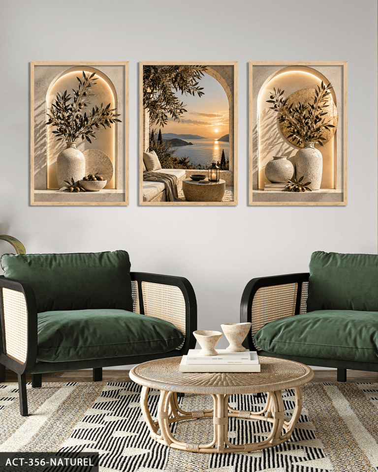 Deniz Manzarası ve Zeytin 3 Parça Ahşap Çerçeveli Tablo ACT Naturel - 40 x 60 CM