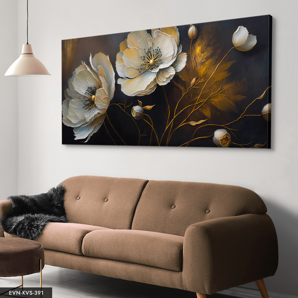 Çiçek Gold Dallar Tek Parça Kanvas - Canvas Tablo 140 x 90 CM - Çok Renkli