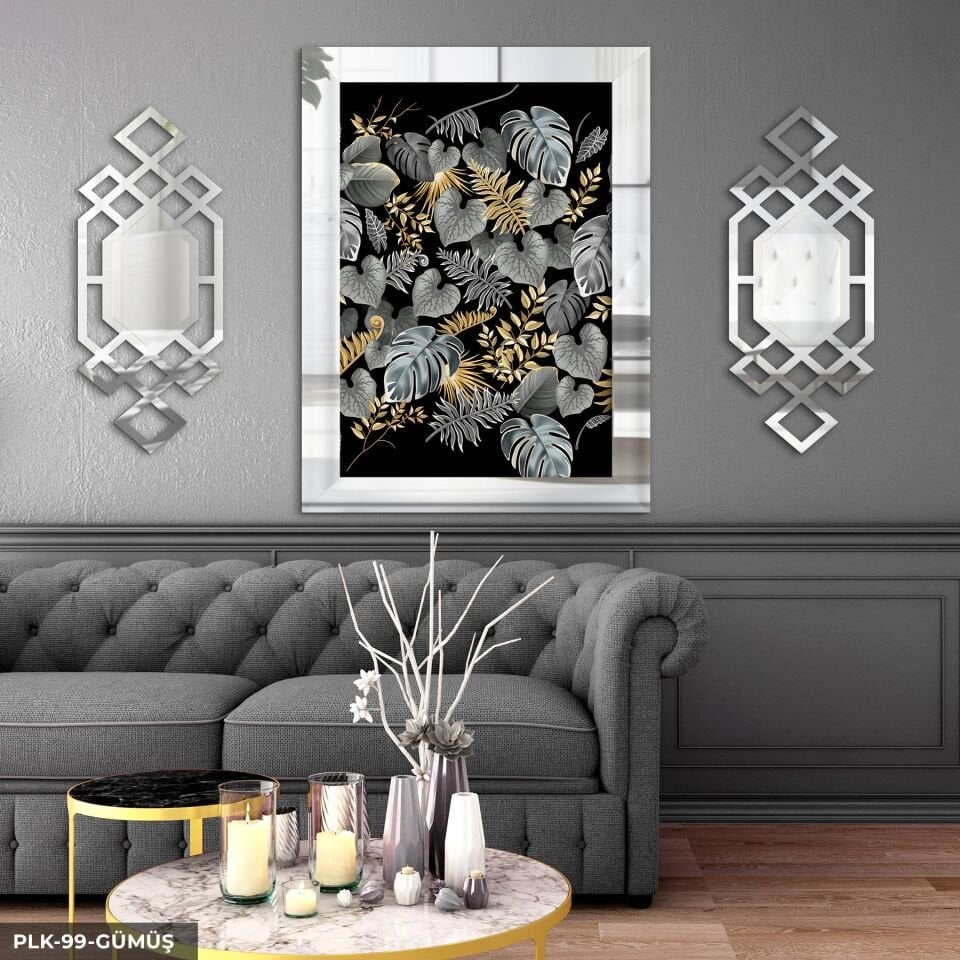 Gold Gümüş Yapraklar Yan Dekorlu 3 Parça Pleksi Tablo DKRPLK Gümüş - 110 x 80 CM
