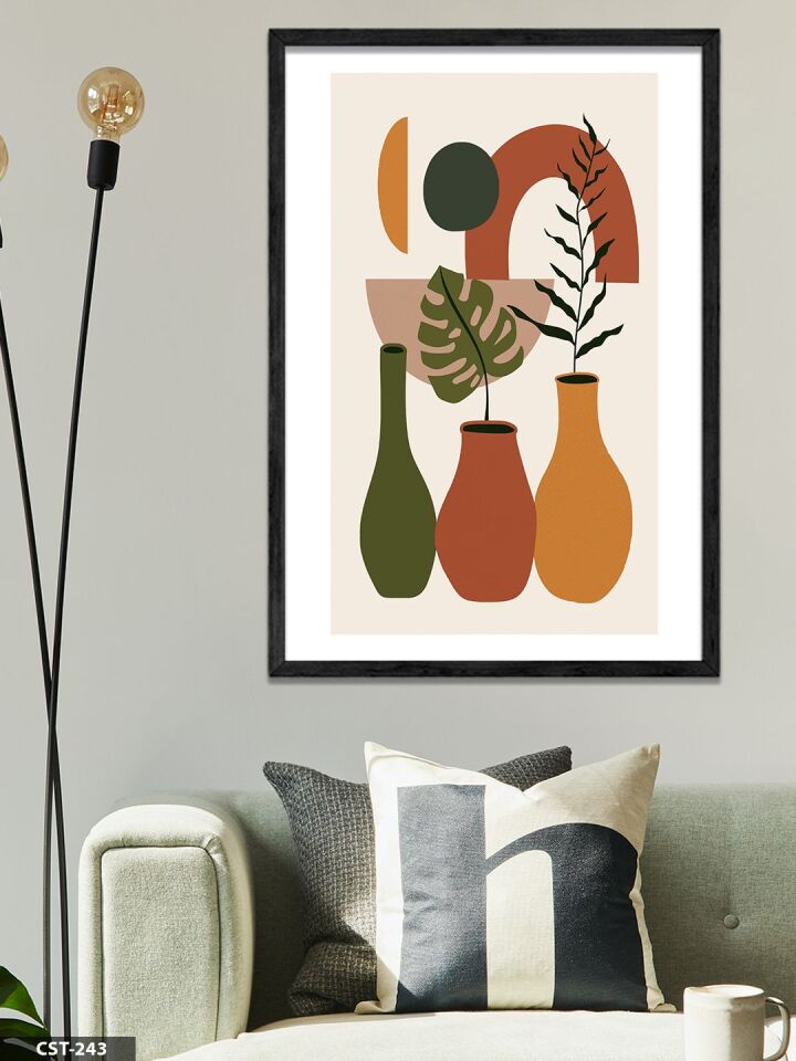 Toprak Tonları 3 Vazo Tek Parça Ahşap Çerçeveli Tablo Siyah - 50 x 70 CM