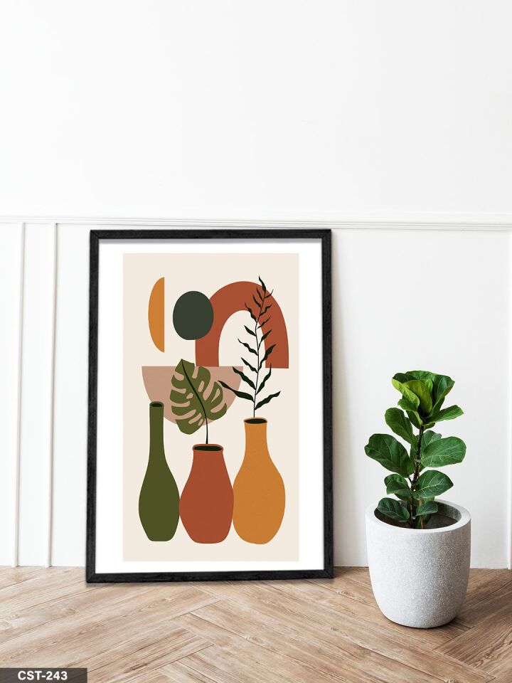 Toprak Tonları 3 Vazo Tek Parça Ahşap Çerçeveli Tablo Siyah - 50 x 70 CM