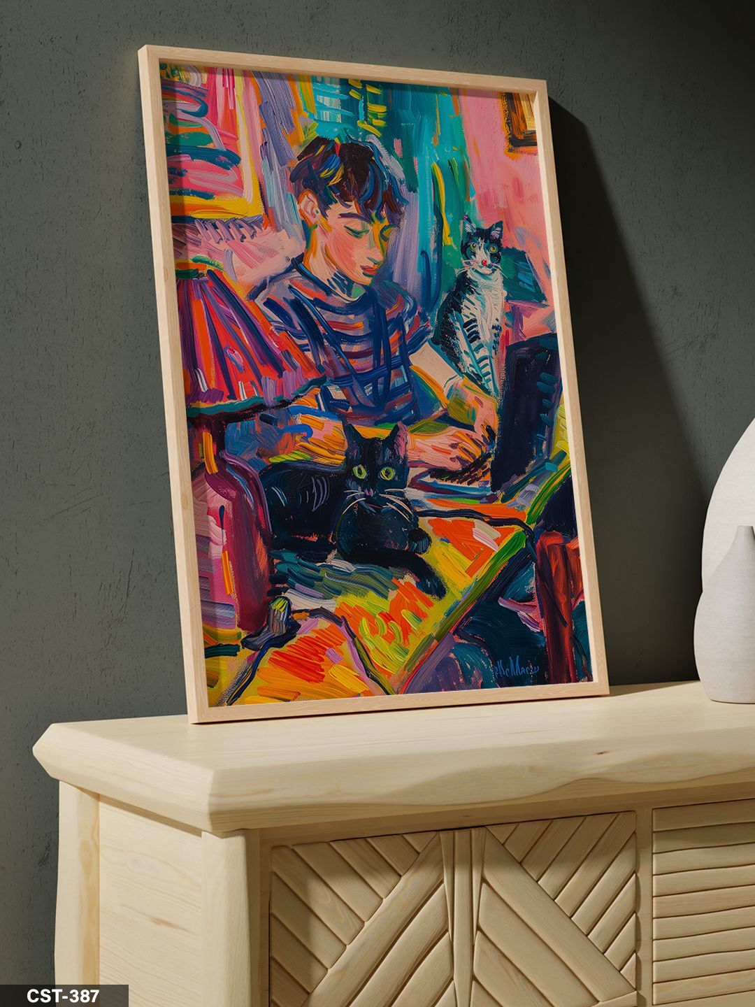 Kedili Çalışma Tek Parça Ahşap Çerçeveli Tablo Naturel - 20 x 30 CM