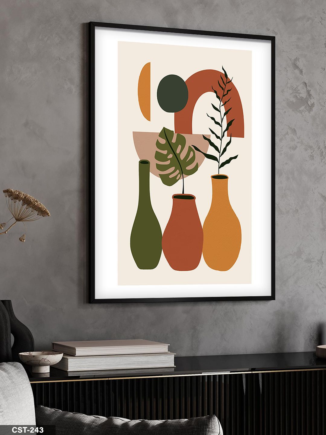 Toprak Tonları 3 Vazo Tek Parça Ahşap Çerçeveli Tablo Siyah - 50 x 70 CM