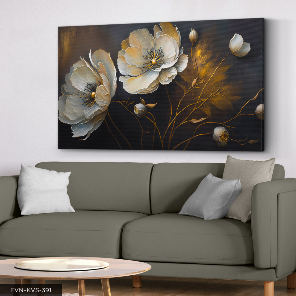 Çiçek Gold Dallar Tek Parça Kanvas - Canvas Tablo 140 x 90 CM - Çok Renkli