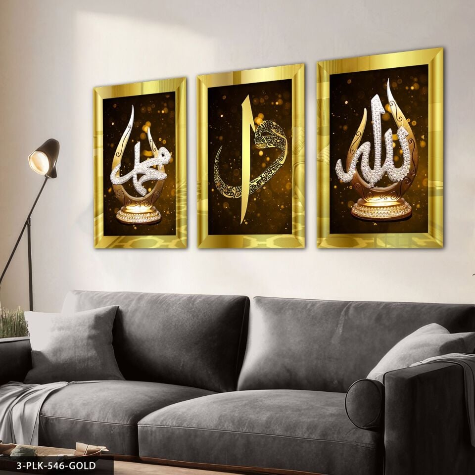 Allah Muhammed Elif Vav 3 Parça Pleksi Aynalı Tablo 60 x 80 CM - Gold