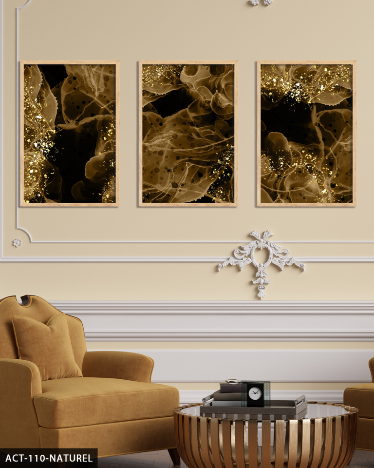 Gold Detaylı Şekiller 3 Parça Ahşap Çerçeveli Tablo ACT Naturel - 20 x 30 CM