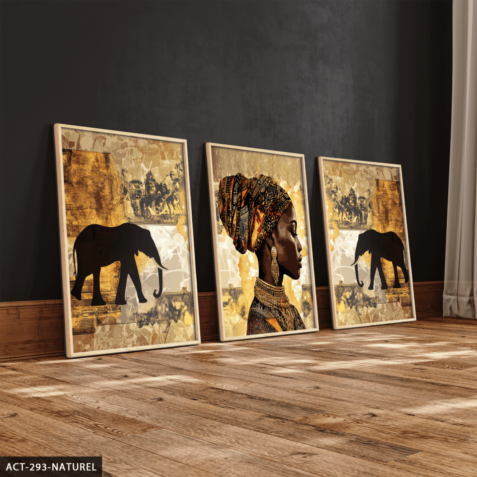 Afrikalı Kadın ve Fil 3 Parça Ahşap Çerçeveli Tablo ACT Naturel - 50 x 70 CM