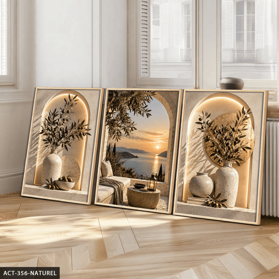 Deniz Manzarası ve Zeytin 3 Parça Ahşap Çerçeveli Tablo ACT Naturel - 50 x 70 CM