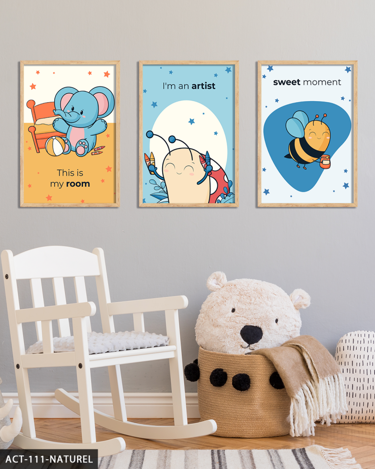 Hayvan Temalı Çocuk Odası 3 Parça Ahşap Çerçeveli Tablo ACT Naturel - 20 x 30 CM