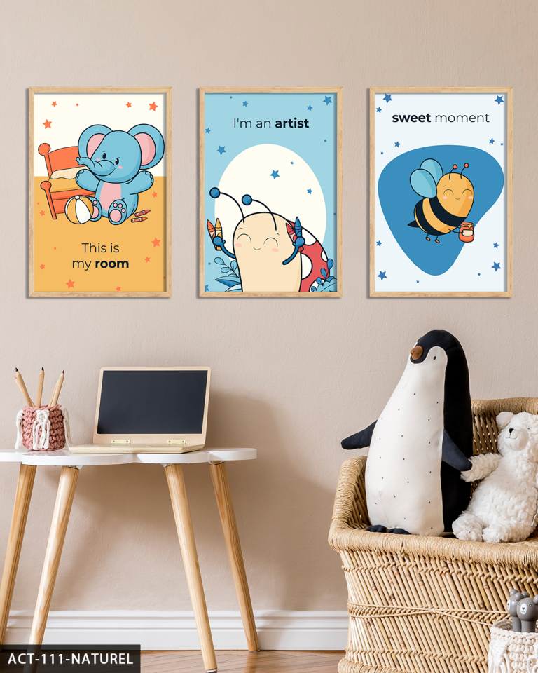 Hayvan Temalı Çocuk Odası 3 Parça Ahşap Çerçeveli Tablo ACT Naturel - 20 x 30 CM