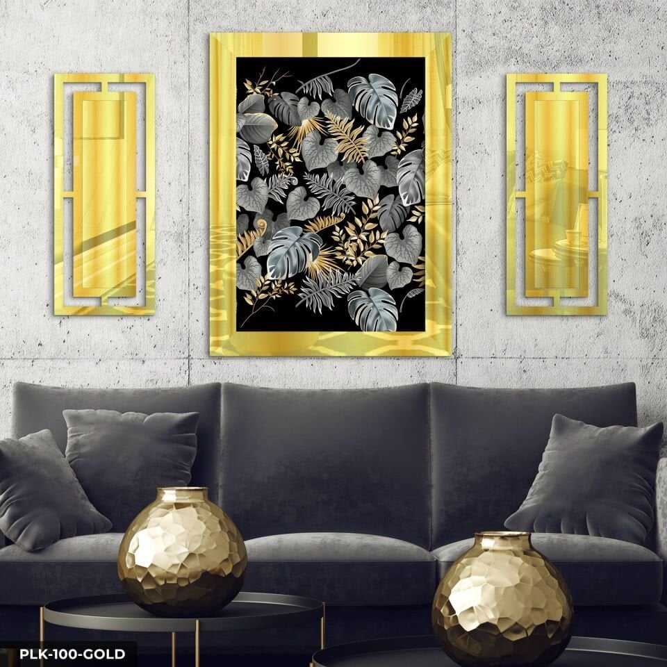 Gold Gümüş Yapraklar Yan Dekorlu 3 Parça Pleksi Tablo DKRPLK Gold - 110 x 80 CM