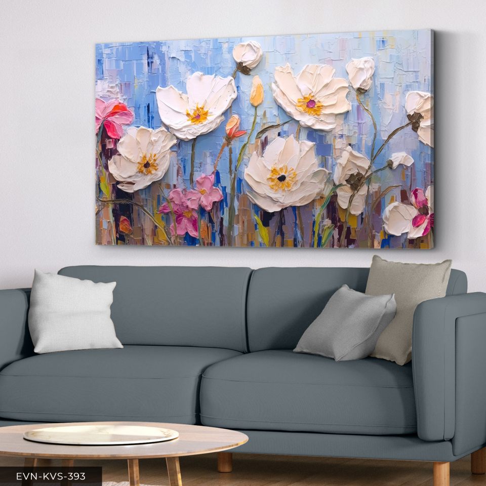 Yağlı Boya Görünümlü Çiçekler Tek Parça Kanvas - Canvas Tablo 140 x 90 CM - Çok Renkli