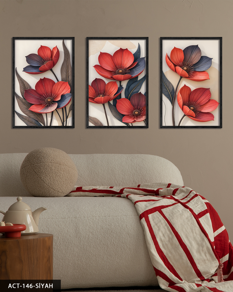 Kırmızı Çiçek 3 Parça Ahşap Çerçeveli Tablo ACT Siyah - 30 x 40 CM