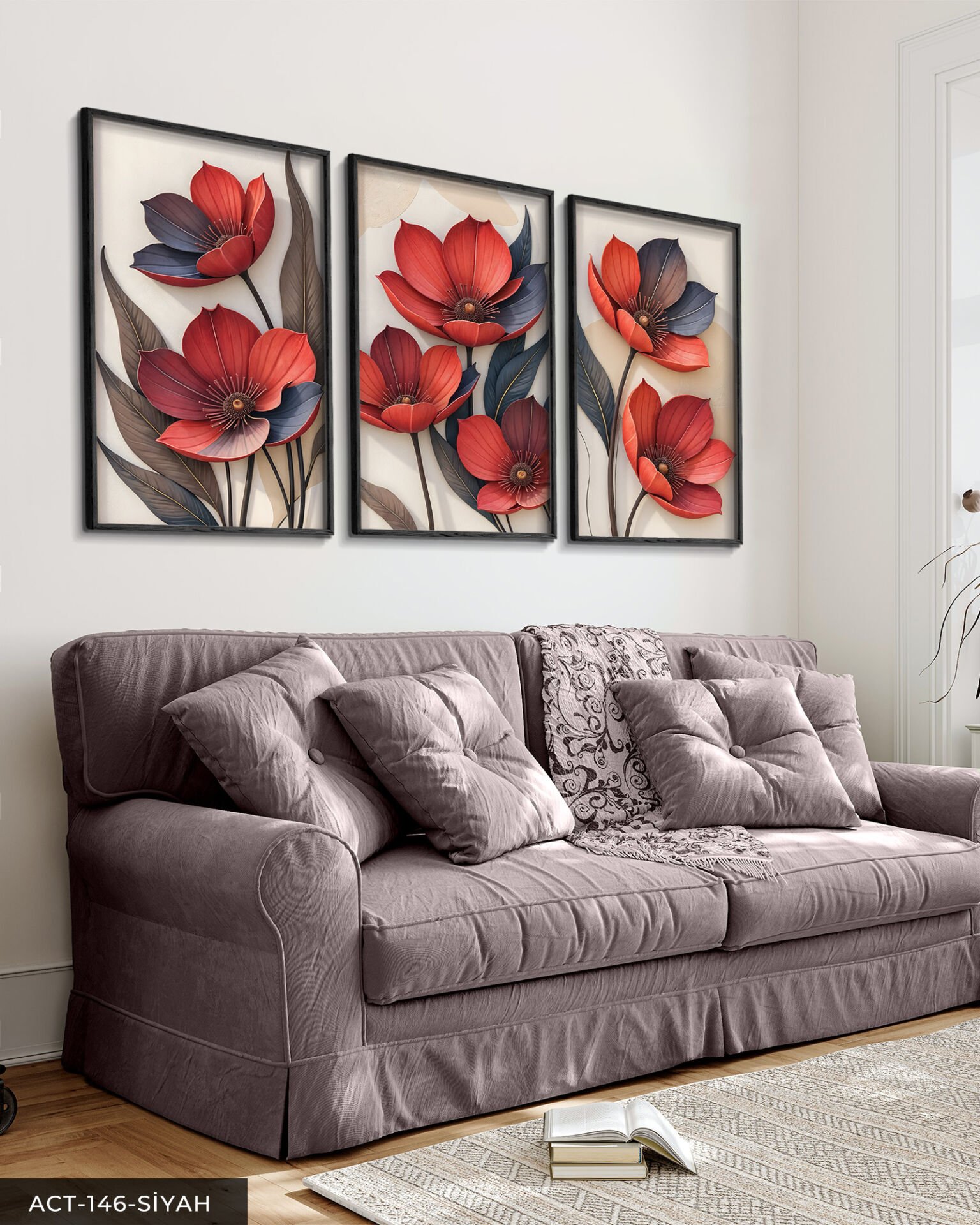 Kırmızı Çiçek 3 Parça Ahşap Çerçeveli Tablo ACT Siyah - 30 x 40 CM