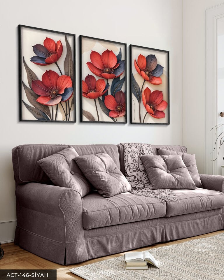 Kırmızı Çiçek 3 Parça Ahşap Çerçeveli Tablo ACT Siyah - 30 x 40 CM