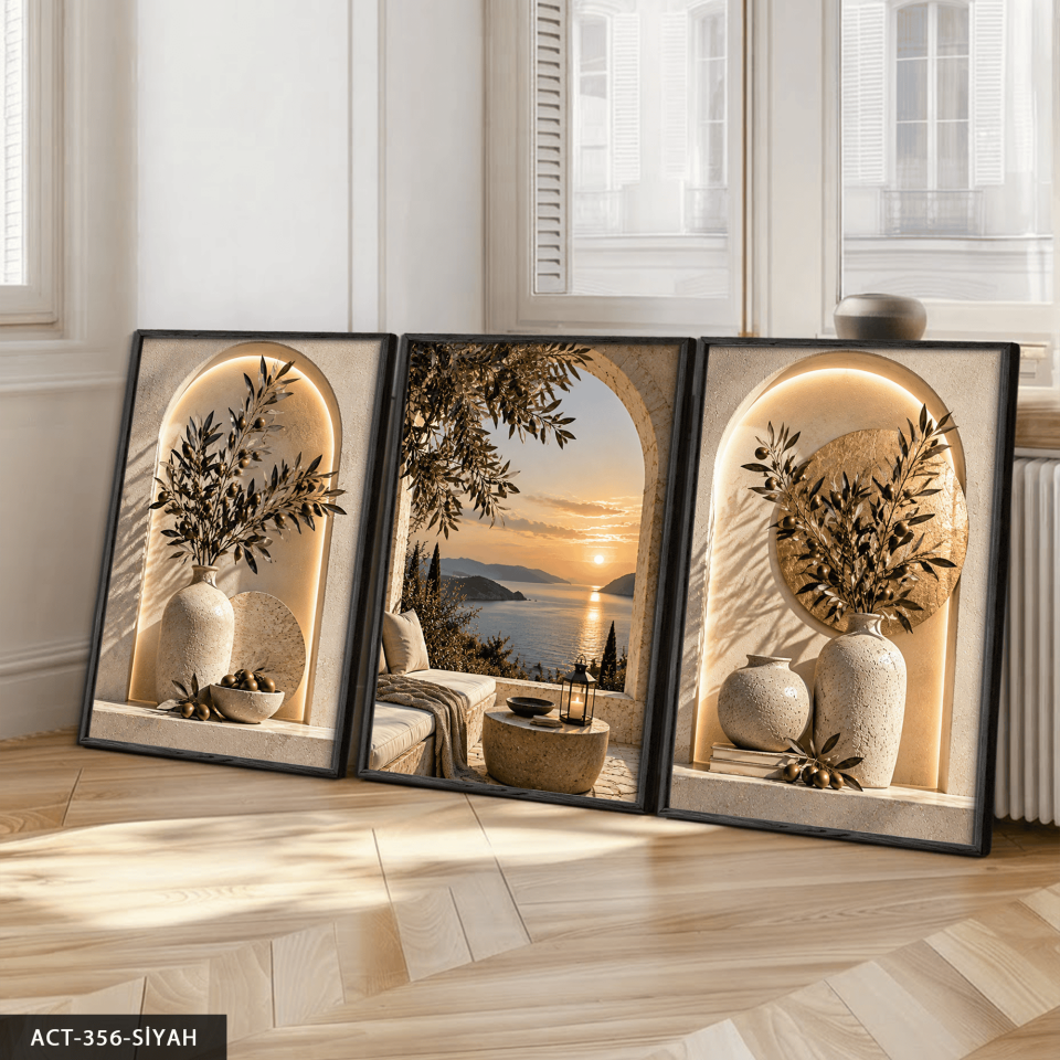 Deniz Manzarası ve Zeytin 3 Parça Ahşap Çerçeveli Tablo ACT Siyah - 40 x 60 CM