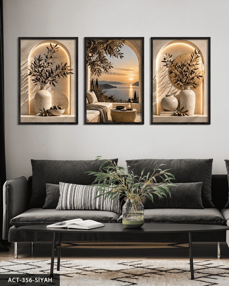 Deniz Manzarası ve Zeytin 3 Parça Ahşap Çerçeveli Tablo ACT Siyah - 40 x 60 CM