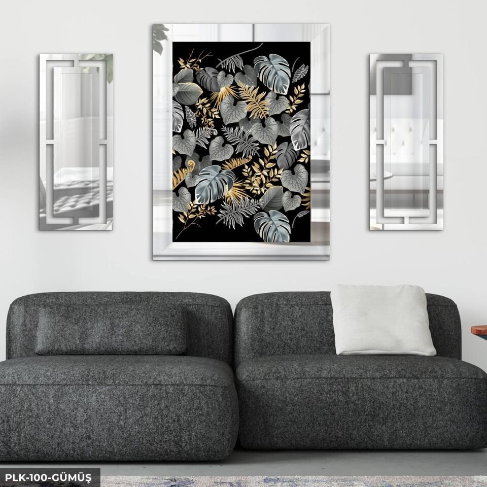 Gold Gümüş Yapraklar Yan Dekorlu 3 Parça Pleksi Tablo DKRPLK Gümüş - 110 x 80 CM