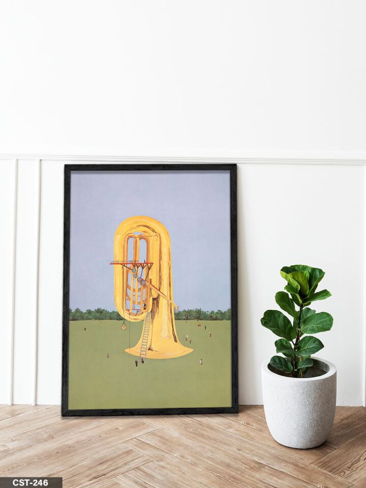 Yeşil Zeminde Saksafon Tek Parça Ahşap Çerçeveli Tablo Siyah - 50 x 70 CM