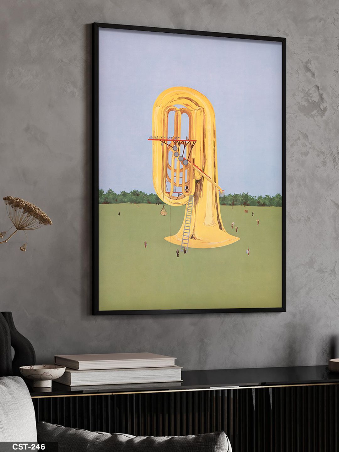 Yeşil Zeminde Saksafon Tek Parça Ahşap Çerçeveli Tablo Siyah - 50 x 70 CM
