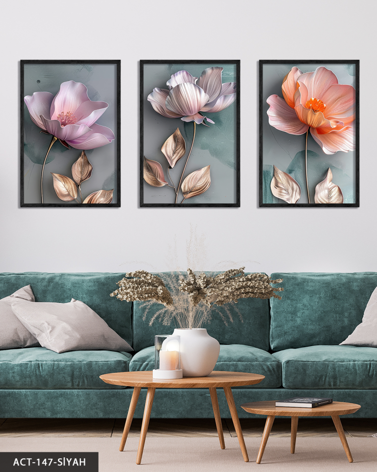Gold Yapraklı Pembe ve Turuncu Çiçekler 3 Parça Ahşap Çerçeveli Tablo ACT Siyah - 30 x 40 CM