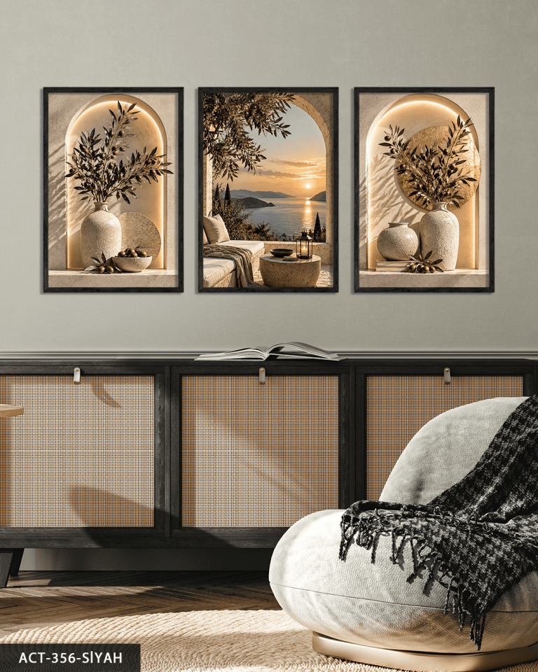 Deniz Manzarası ve Zeytin 3 Parça Ahşap Çerçeveli Tablo ACT Siyah - 50 x 70 CM
