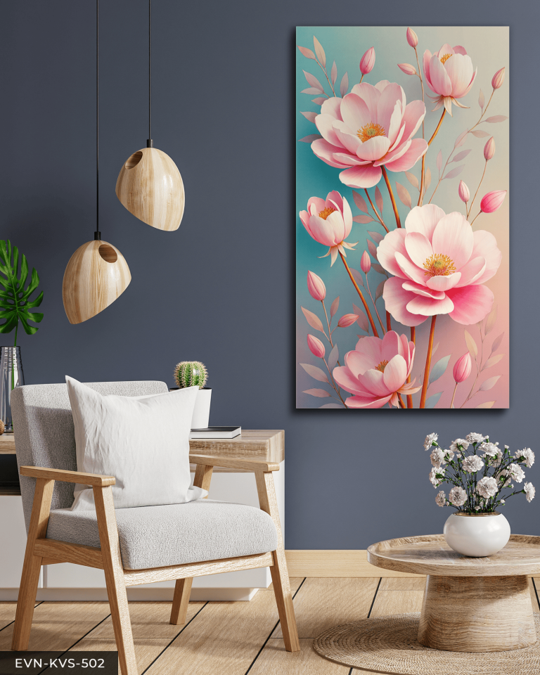 Dokulu Görünüm Pembe Çiçek Tek Parça Kanvas - Canvas Tablo 90 x 50 CM - Çok Renkli