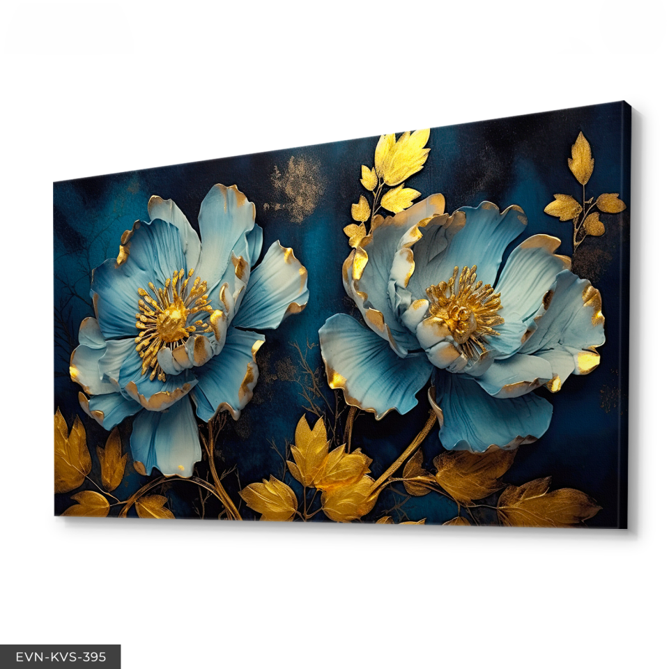 Mavi Arkaplan Çiçekler Tek Parça Kanvas - Canvas Tablo 140 x 90 CM - Çok Renkli