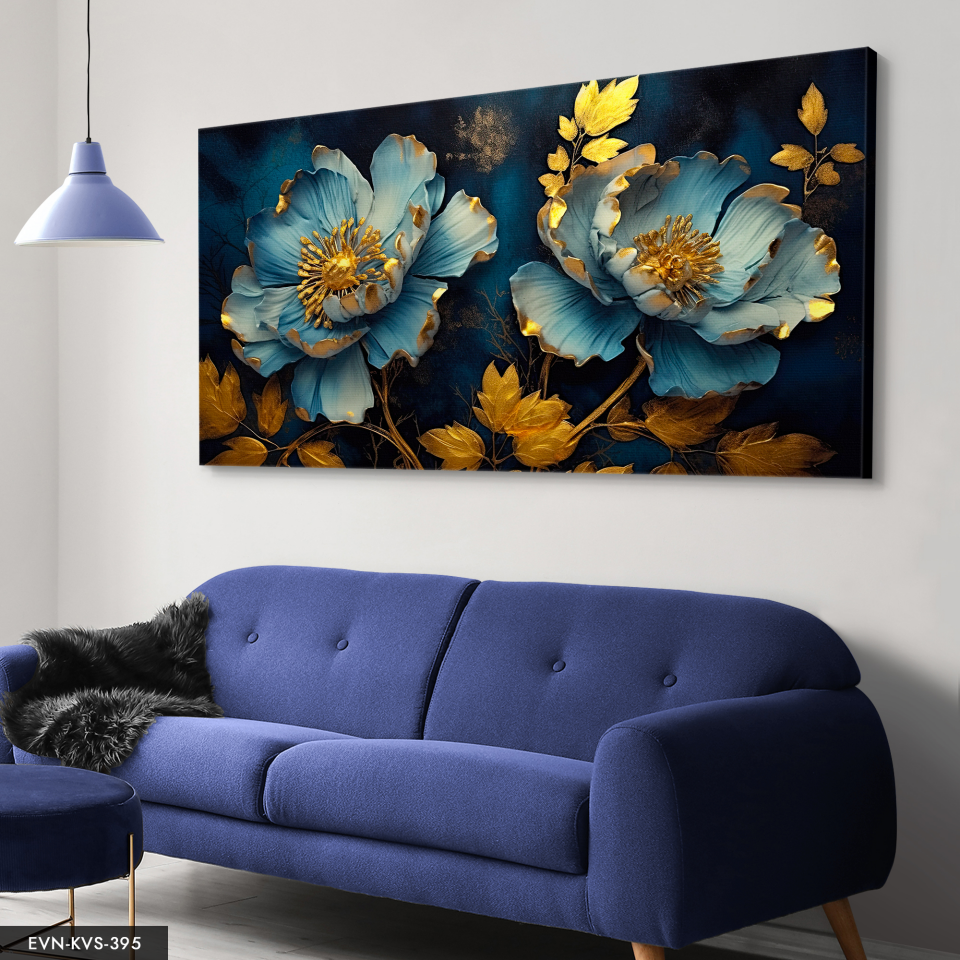 Mavi Arkaplan Çiçekler Tek Parça Kanvas - Canvas Tablo 140 x 90 CM - Çok Renkli