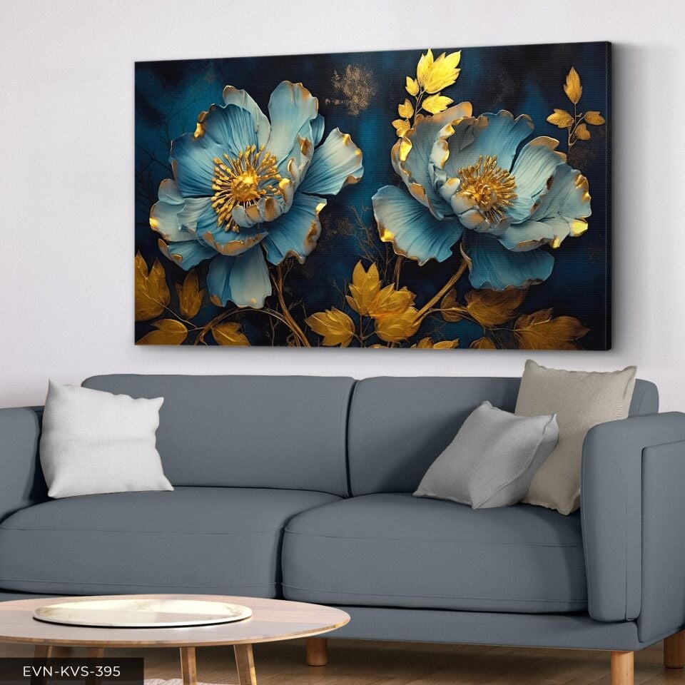 Mavi Arkaplan Çiçekler Tek Parça Kanvas - Canvas Tablo 40 x 30 CM - Çok Renkli