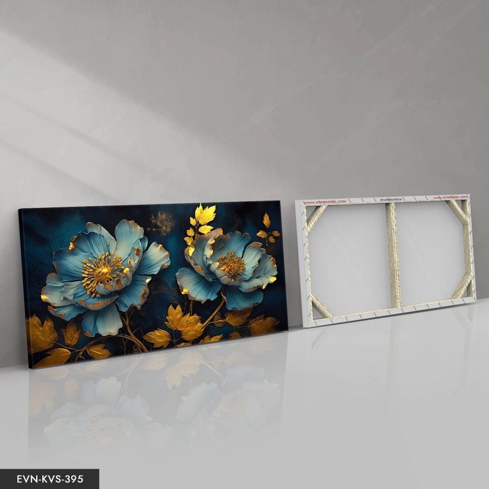 Mavi Arkaplan Çiçekler Tek Parça Kanvas - Canvas Tablo 40 x 30 CM - Çok Renkli
