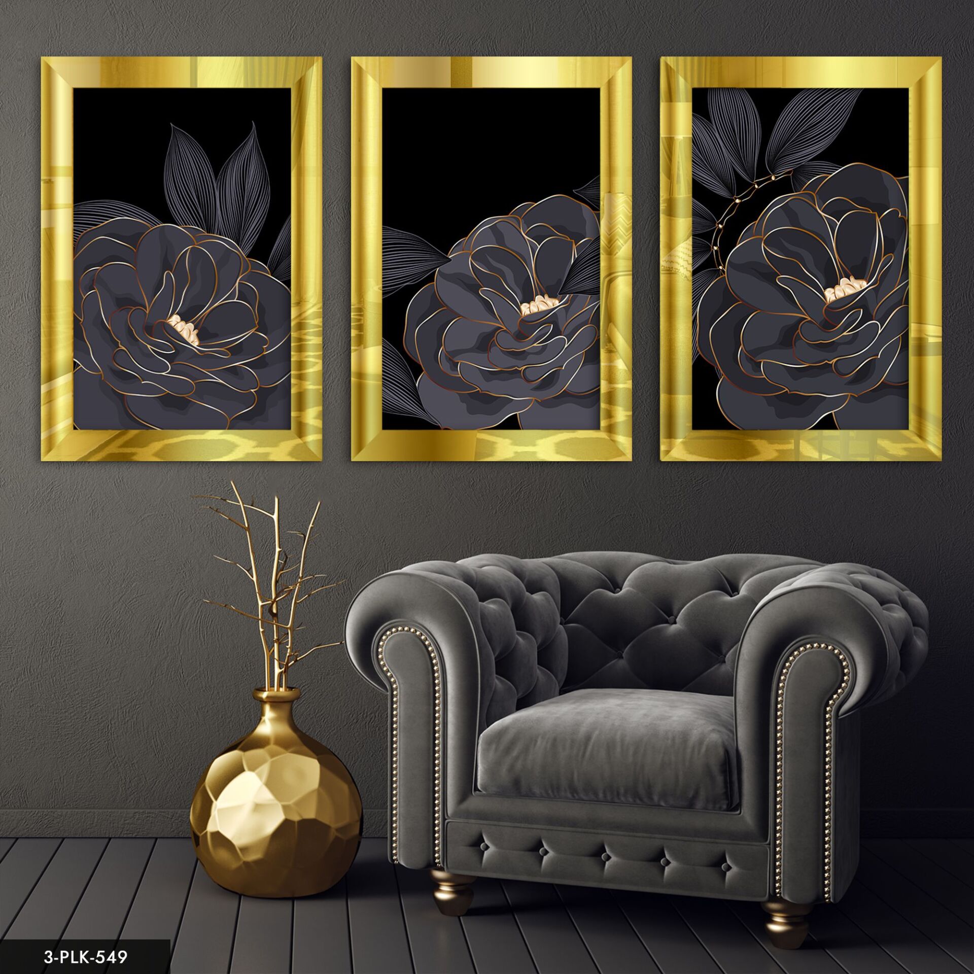 Çiçekler 3 Parça Pleksi Aynalı Tablo 60 x 80 CM - Gold