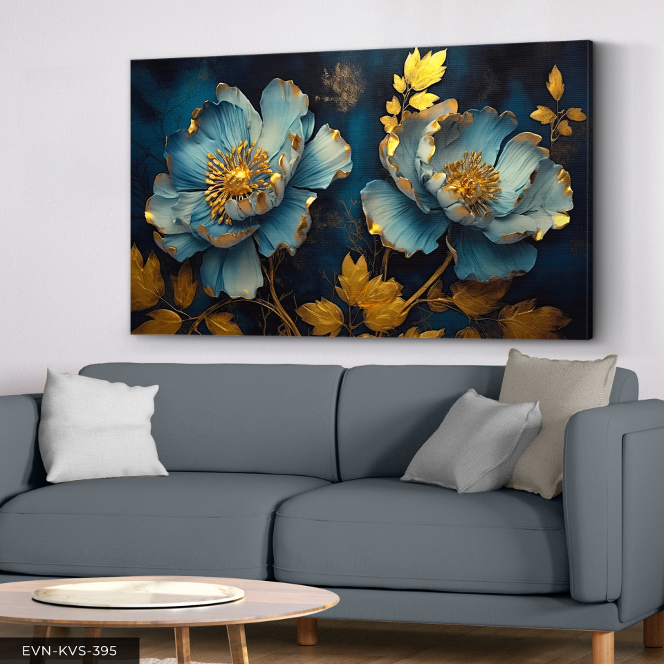 Mavi Arkaplan Çiçekler Tek Parça Kanvas - Canvas Tablo 140 x 90 CM - Çok Renkli