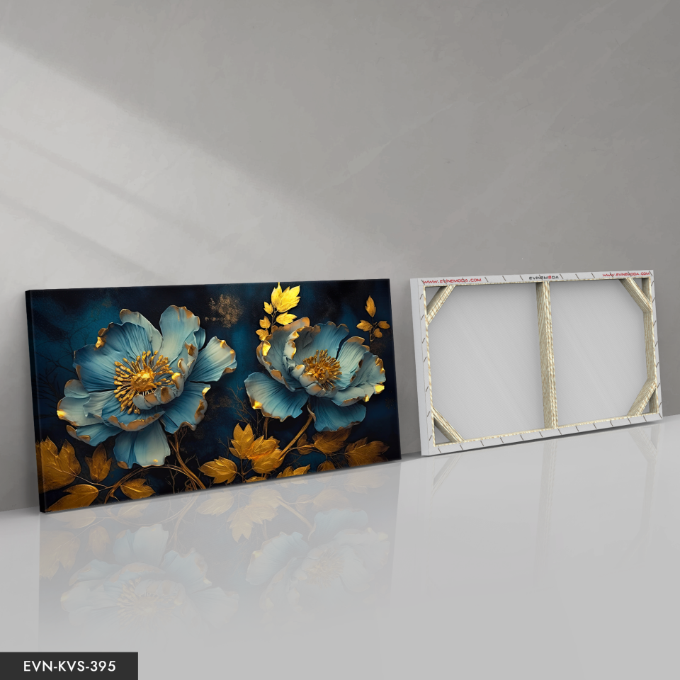 Mavi Arkaplan Çiçekler Tek Parça Kanvas - Canvas Tablo 140 x 90 CM - Çok Renkli