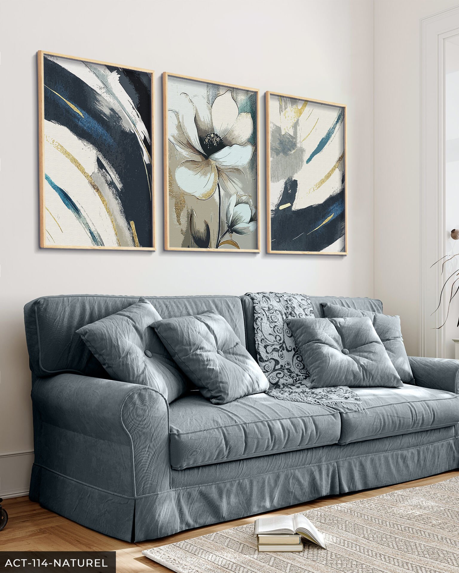 Beyaz Çiçek ve Soyut Sanat 3 Parça Ahşap Çerçeveli Tablo ACT Naturel - 20 x 30 CM