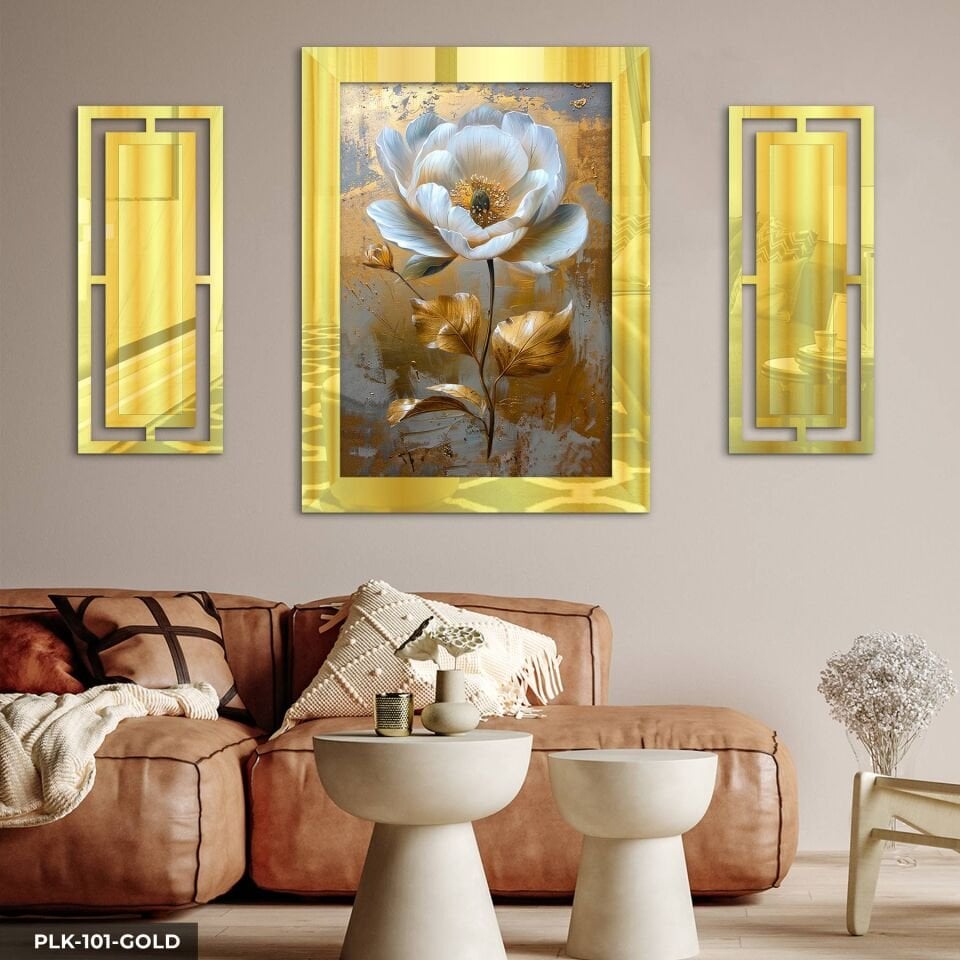 Gold Yapraklı Beyaz Çiçek Yan Dekorlu 3 Parça Pleksi Tablo DKRPLK Gold - 110 x 80 CM