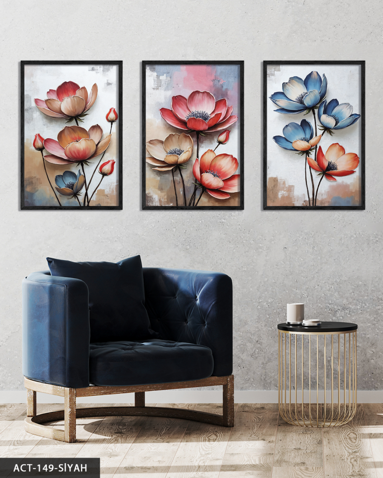 Kırmızı ve mavi Çiçekler 3 Parça Ahşap Çerçeveli Tablo ACT Siyah - 30 x 40 CM